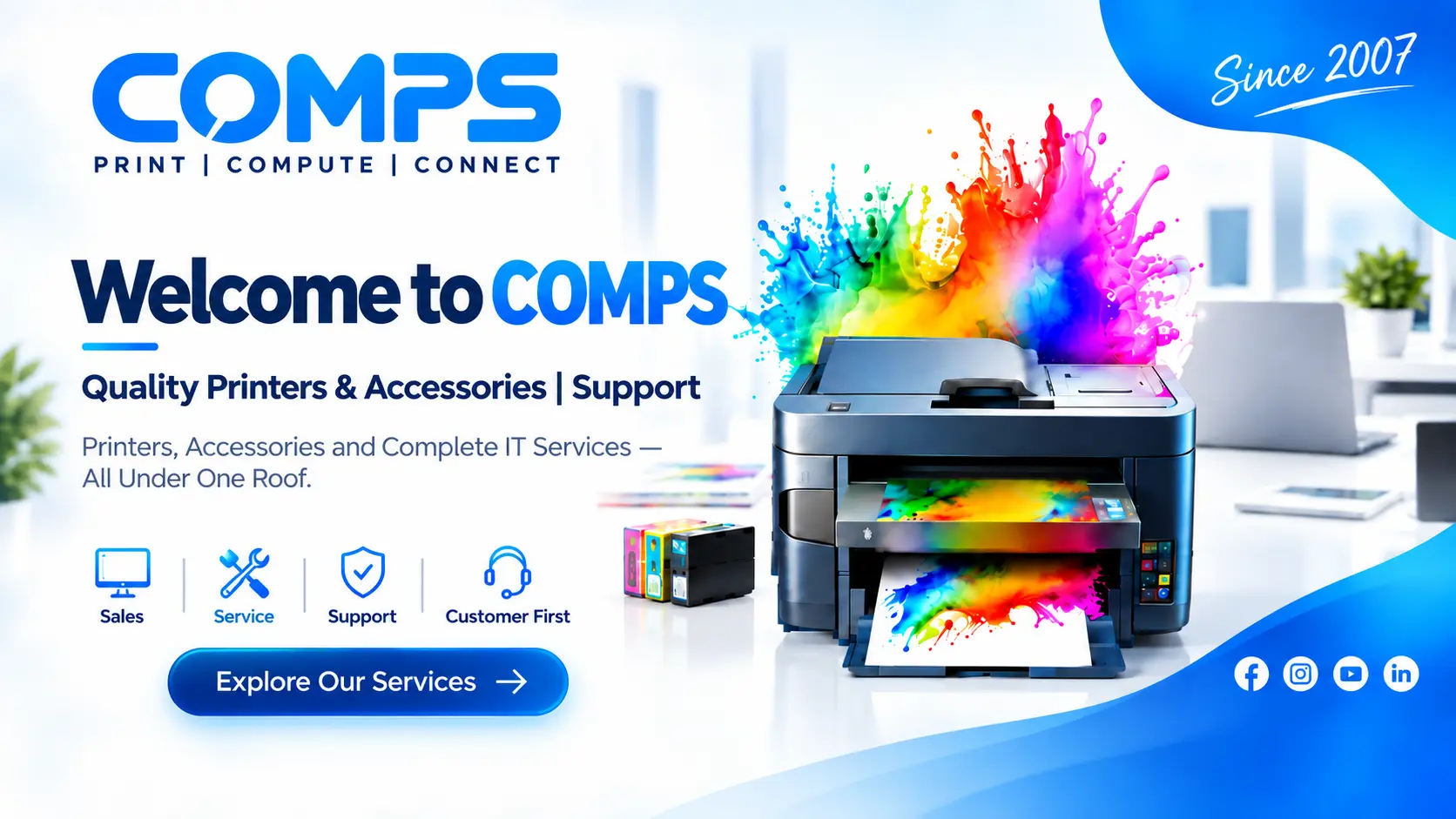 COMPS printer banner featuring a colour printer, ink supplies and printing support in Chennai